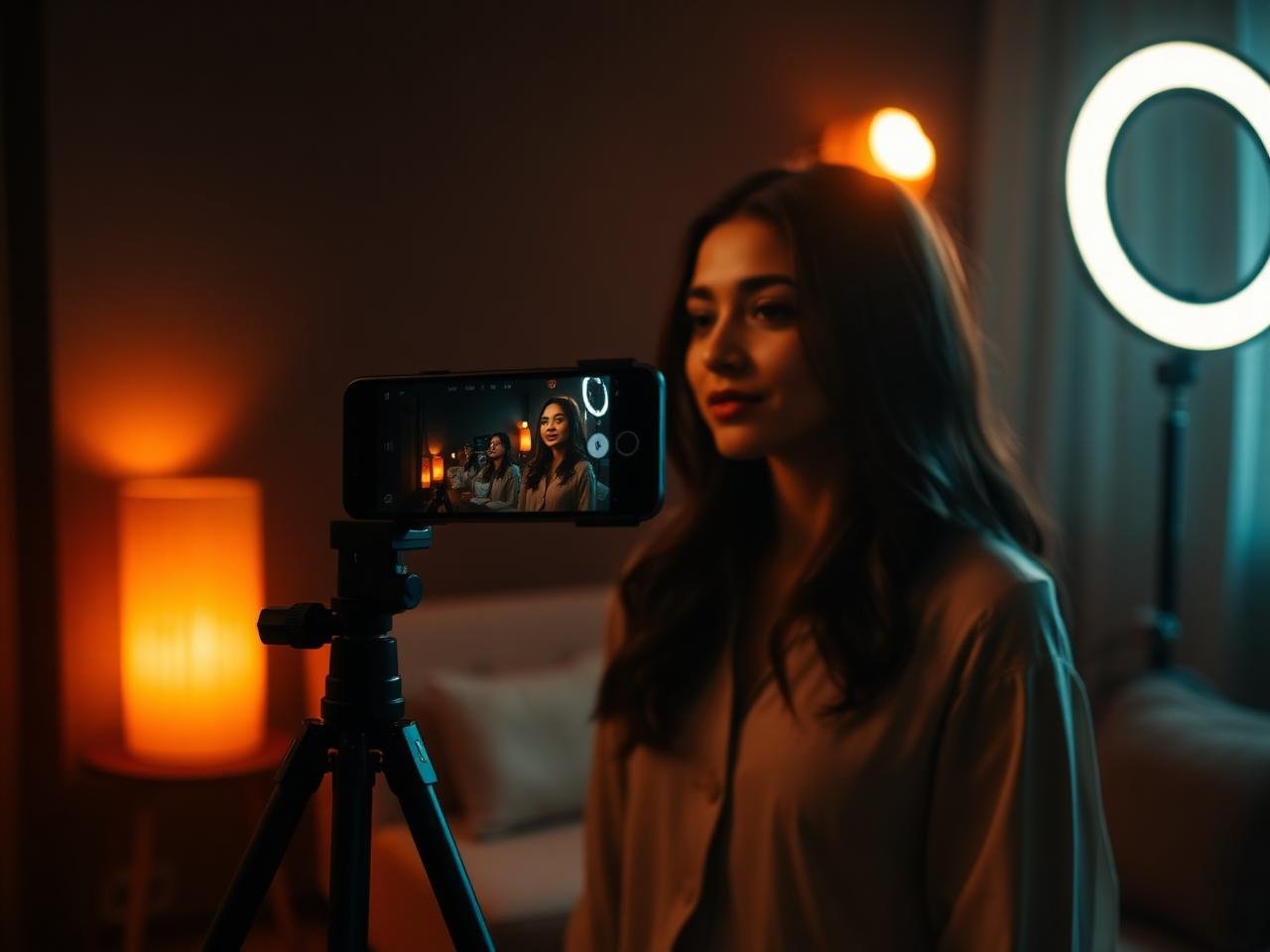 Influencer recording a vertical reel on a phone for a brand campaign