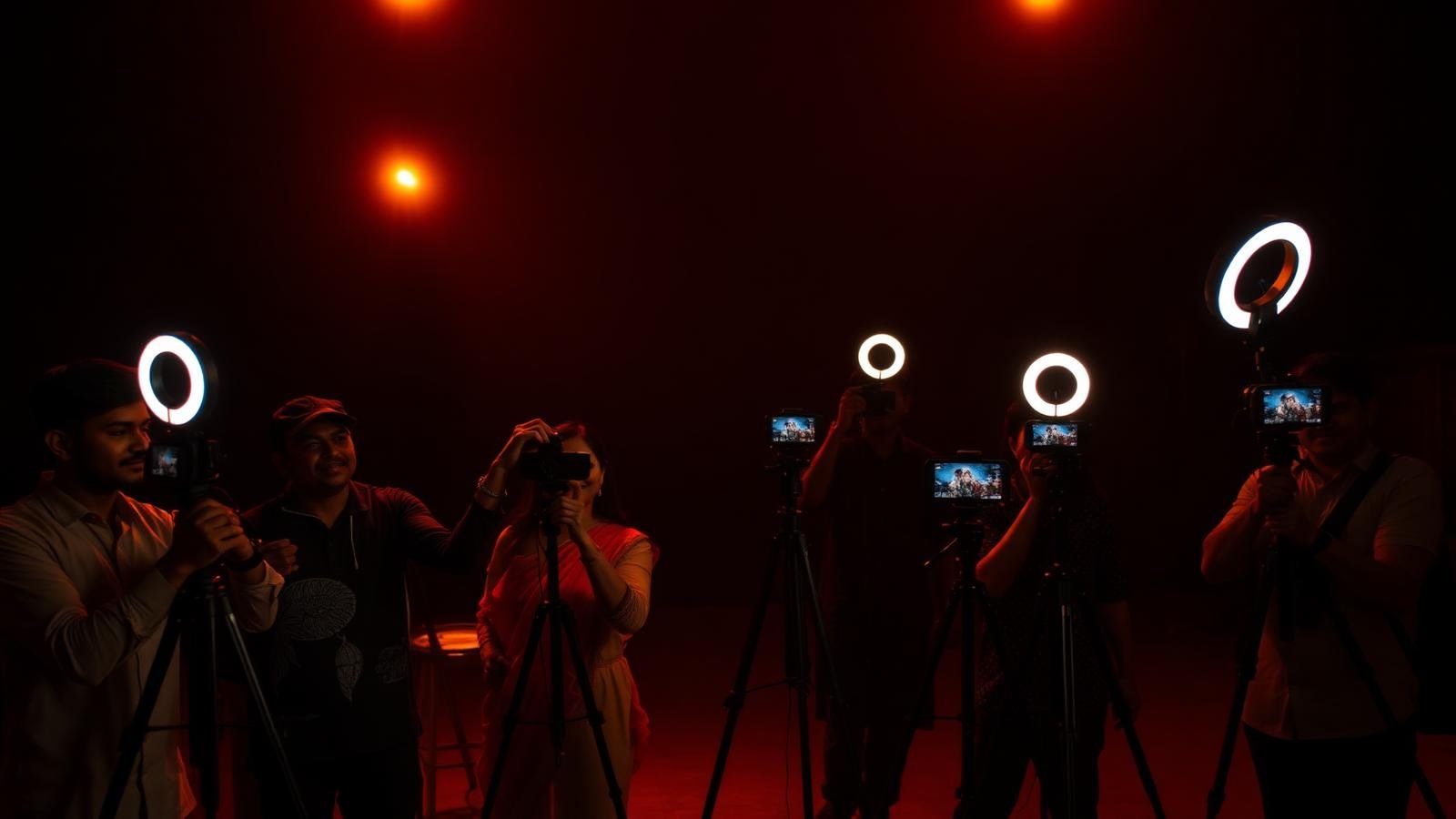 Indian influencers filming vertical reels with ring lights for a Dreamweave Digital campaign